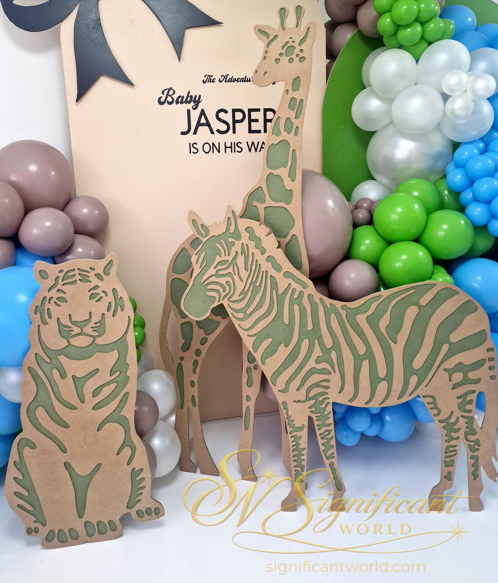 Handcrafted safari animal props tiger zebra and giraffe for luxury baby shower decoration by Significant World Northamptonshire